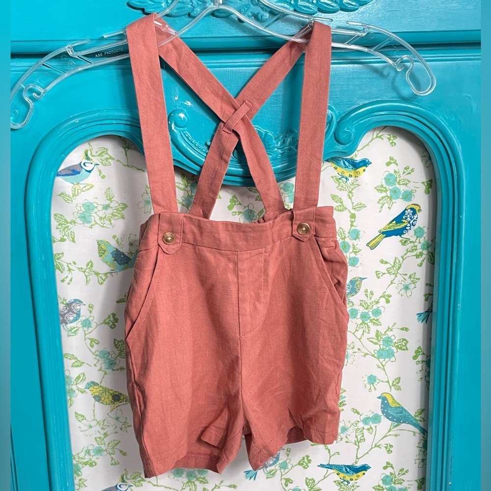 Edgehill collection  linen rayon salmon orange  Suspender Shorts Romper  18m